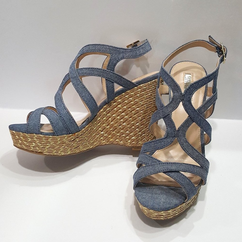 -Jennifer Lopez Skylar Chambray Wedges, Denim Design, Upper Textile, Size 7MED